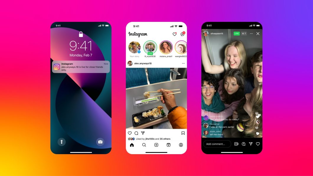 Imagem de divulgação do Instagram sobre o recurso de lives para melhores amigos. São três capturas de tela de smartphone: na primeira, é exibida uma notificação informando sobre uma live criada por um amigo; na segunda tela, aparece o aplicativo do Instagram, com destaque para um avatar circulado de verde no topo informando uma live exclusiva para melhores amigos; na terceira imagem aparece um exemplo de live no Instagram, ilustrada por um vídeo-selfie contendo cinco amigos e comentários