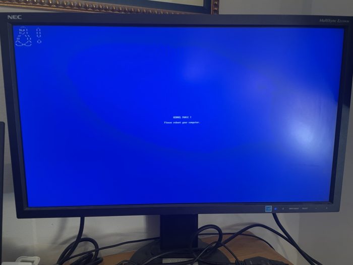 Tela azul no Linux (imagem: Javier Martinez Canillas/Mastodon)