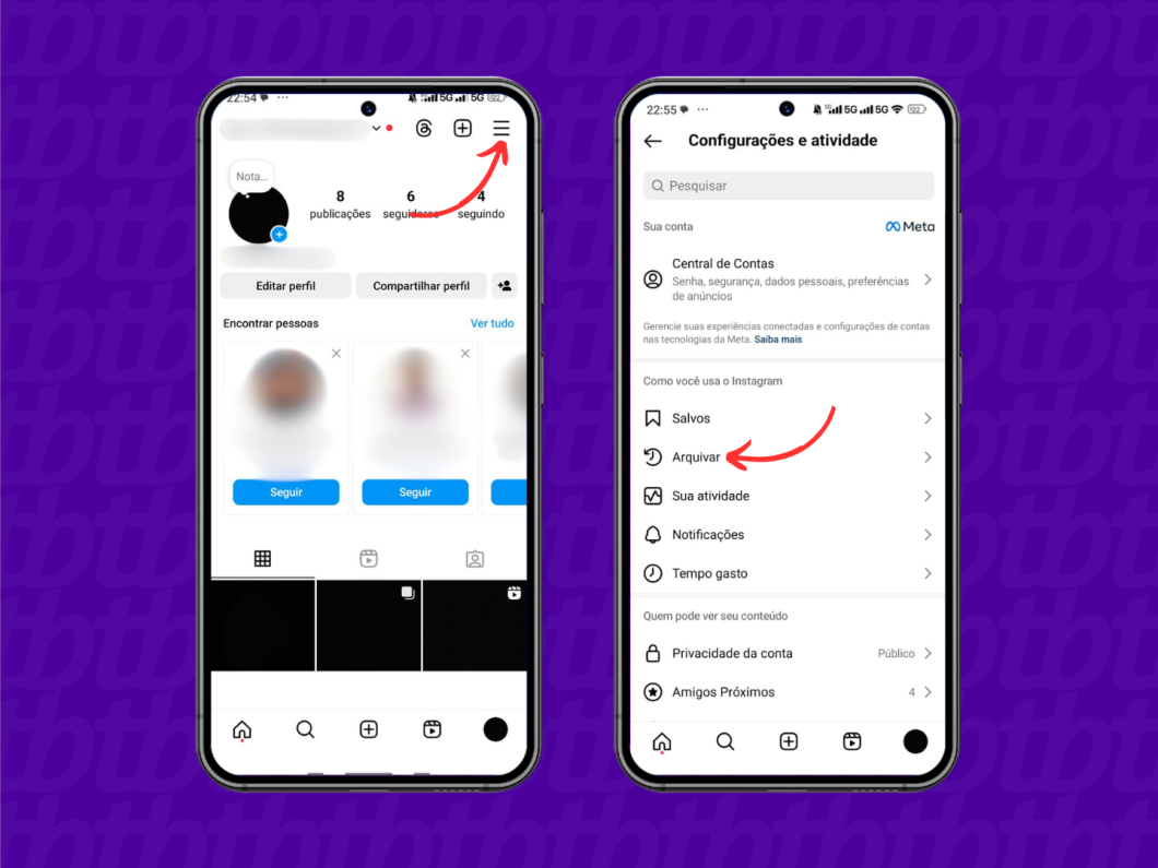 Acessando os itens arquivados no menu do Instagram