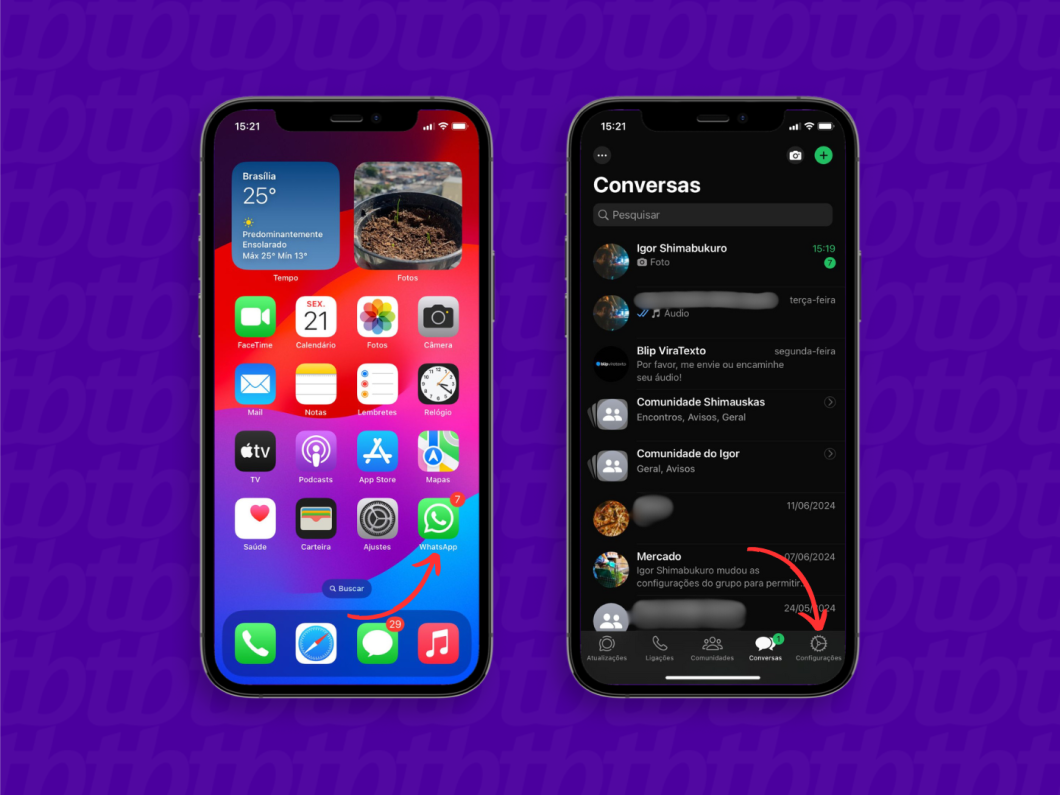 Acessando as configurações do WhatsApp pelo iPhone