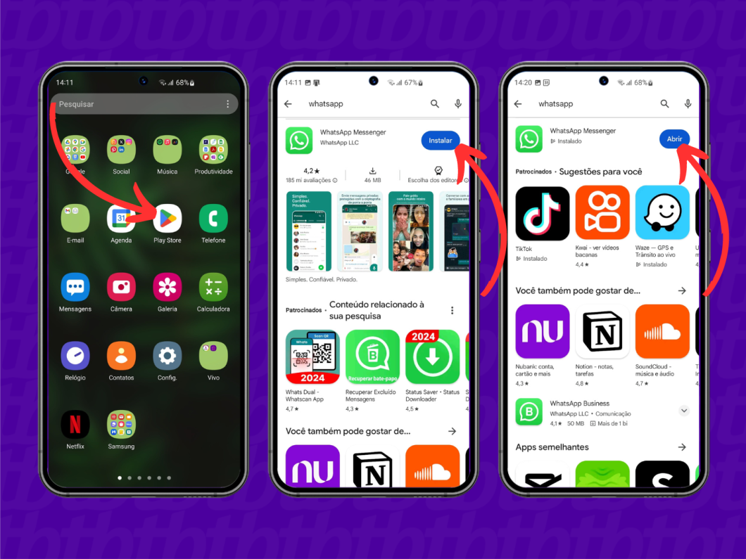 Print mostra caminho para acessar a Google Play Store no Android e baixar o WhatsApp Messenger