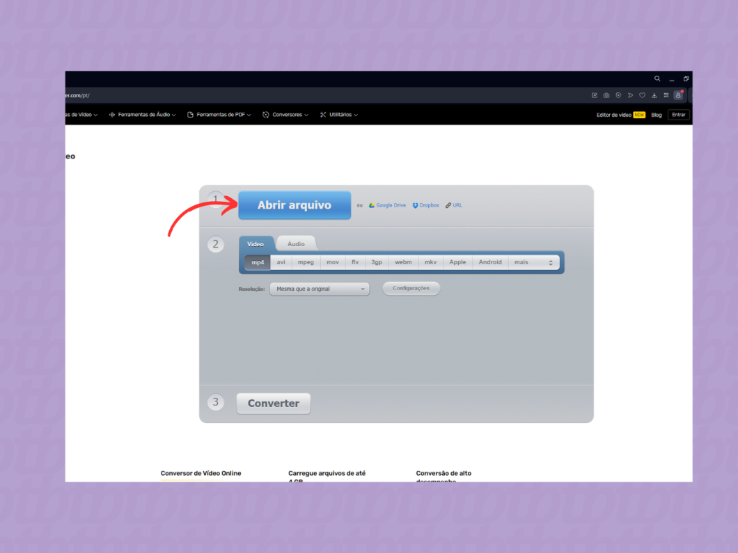 Carregando um vídeo no site Online Video Converter