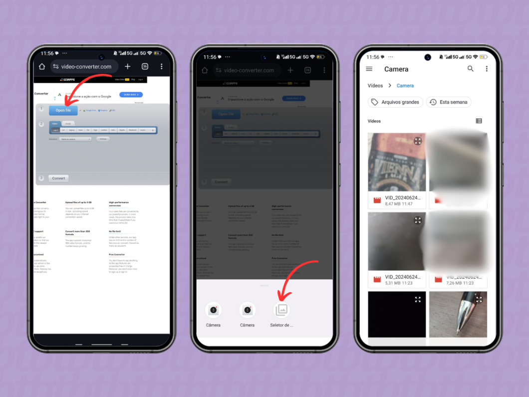 Carregando um vídeo para conversão no Online Video Converter pelo Android