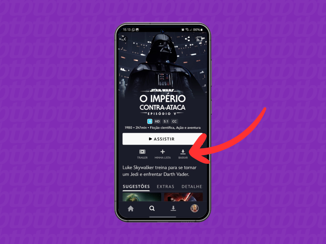 Captura de tela do aplicativo Disney+ mostra como baixar um filme no serviço de streaming