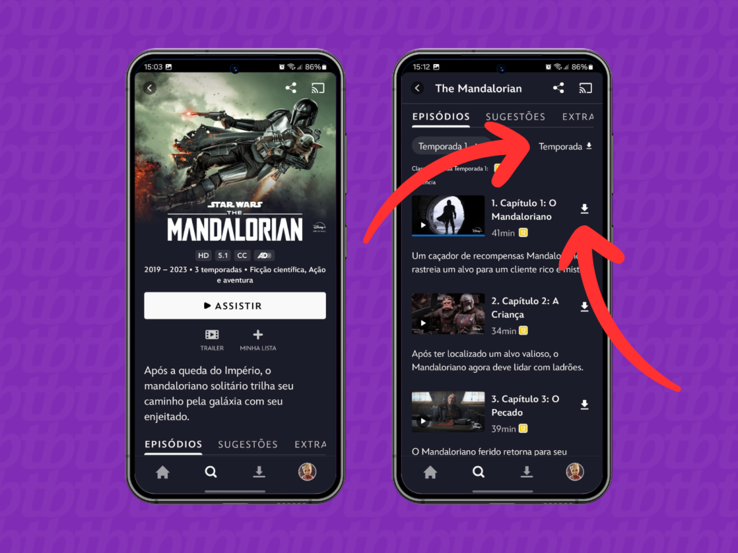 Capturas de tela do aplicativo Disney+ mostram como baixar episódios de séries no serviço de streaming