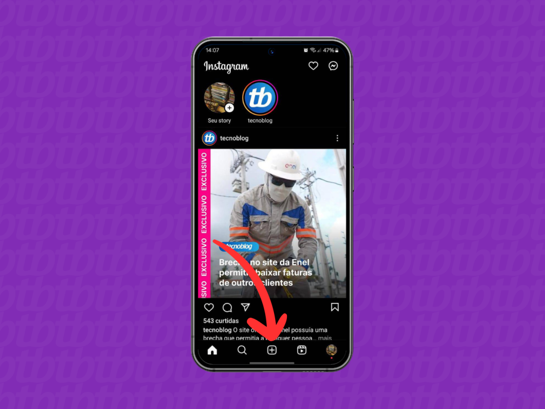 Captura de tela do aplicativo do Instagram mostra como criar uma nova publicação