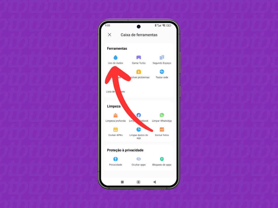 Captura de tela do celular Xiaomi mostra como acessar o menu "Uso de dados"