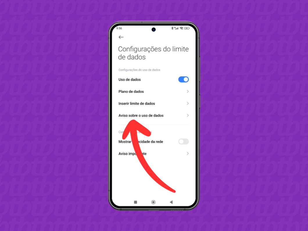 Captura de tela do celular Xiaomi mostra como acessar o menu "Aviso sobre o uso de dados"