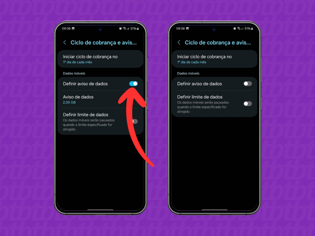 Captura de tela do celular Samsung mostra como desativar o recurso "Definir aviso de dados"