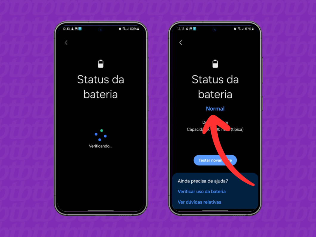 Capturas de tela do app Samsung Members mostram o resultado do status da bateria