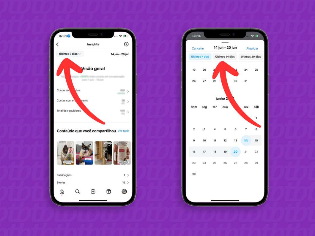 Capturas de tela do aplicativo Instagram mostram como selecionar o período de analisa de dados do Insights