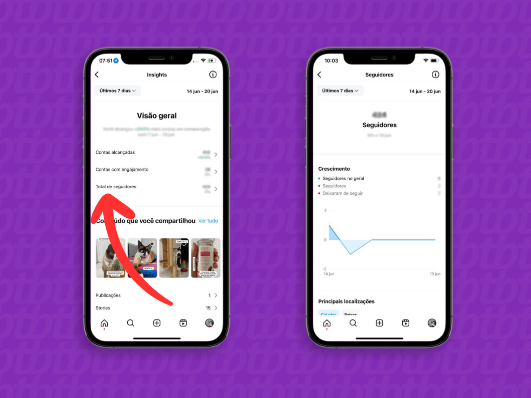 Capturas de tela do aplicativo Instagram mostram como ver os dados de Insights de Total de Seguidores