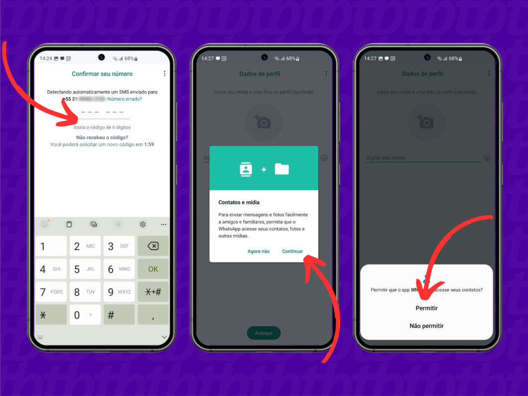 Print mostra passo a passo para confirmar a conta do WhatsApp e permitir que o serviço acesse seus contatos