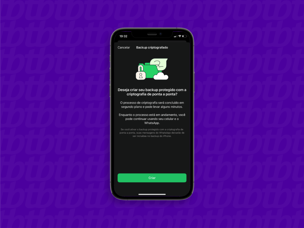 Captura de tela mostra tela para ativar o backup com criptografia de ponta a ponta no WhatsApp