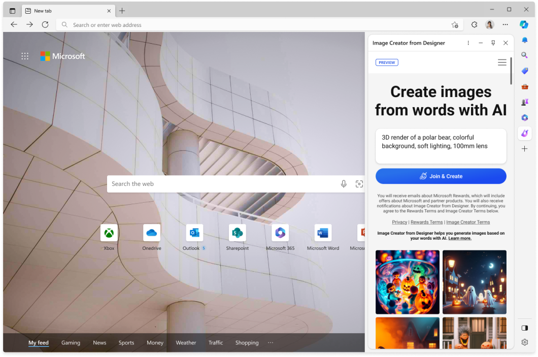 Navegador Edge com gerador de imagens Designer na barra direita