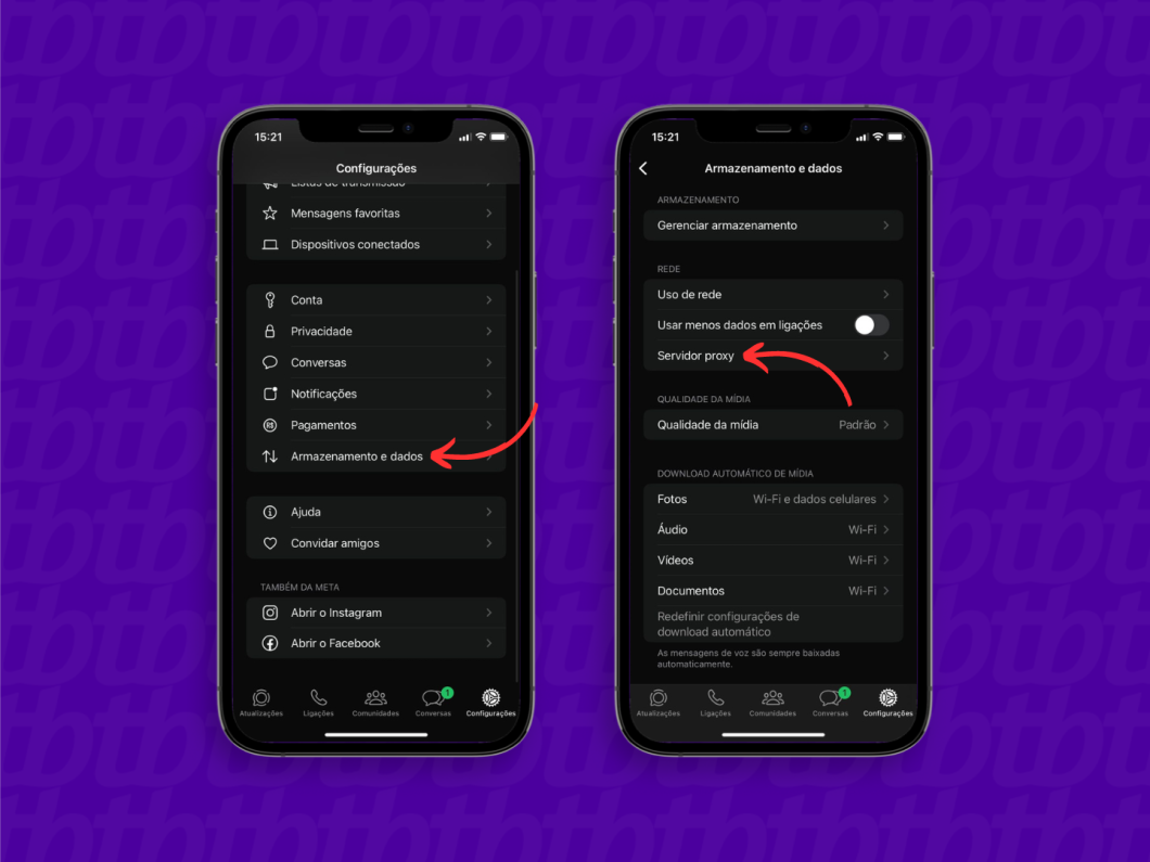 Entrando na seção "Servidor proxy" nas configurações do WhatsApp