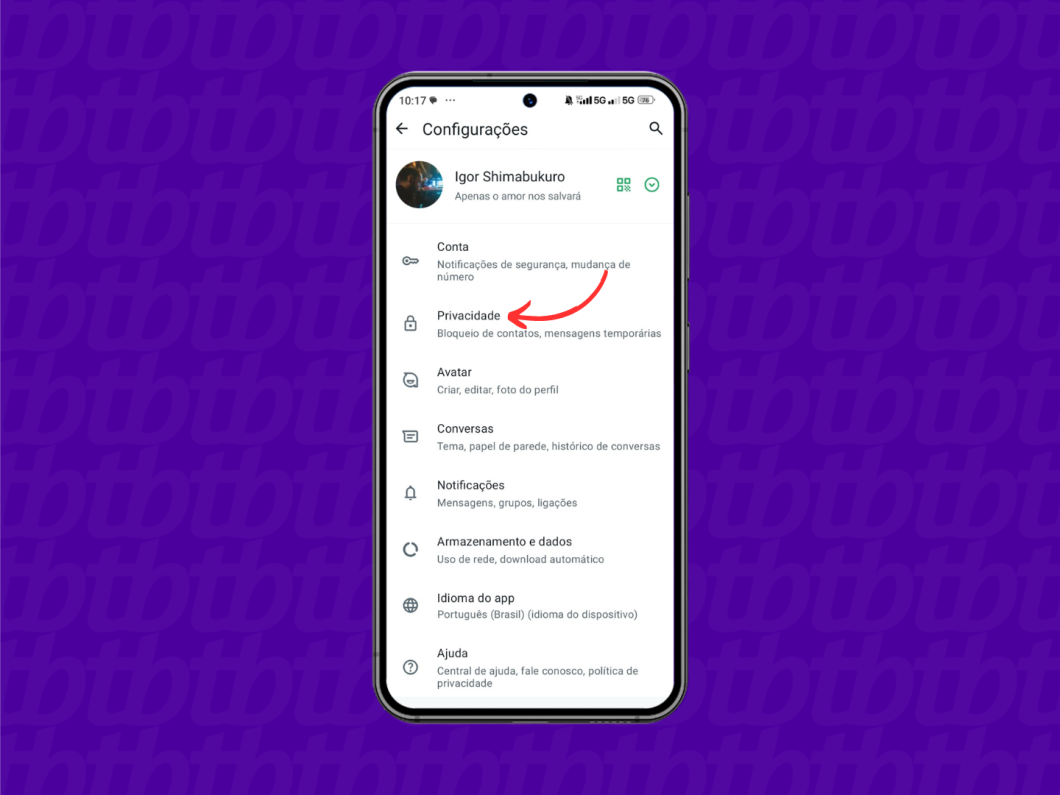 Entrando nas configurações de privacidade do WhatsApp