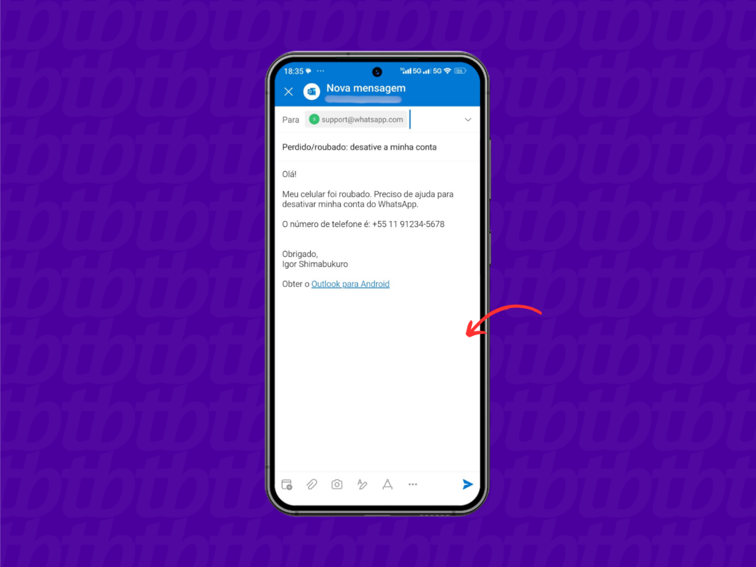 Enviando um e-mail para o suporte do WhatsApp solicitando a desativação da conta