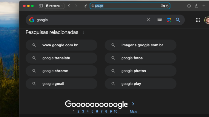 Captura de tela de busca no Google mostrando páginas de 1 a 10 em vez de rolagem infinita