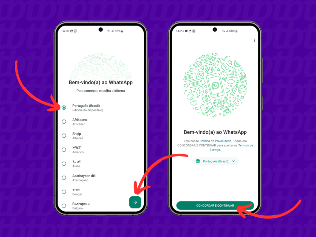 Passo a passo mostra como definir idioma e aceitar Termos de Uso do WhatsApp