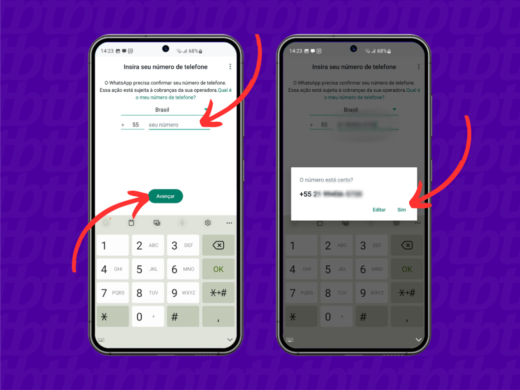 Print mostra passo a passo de como inserir número de telefone para criar WhatsApp novo 