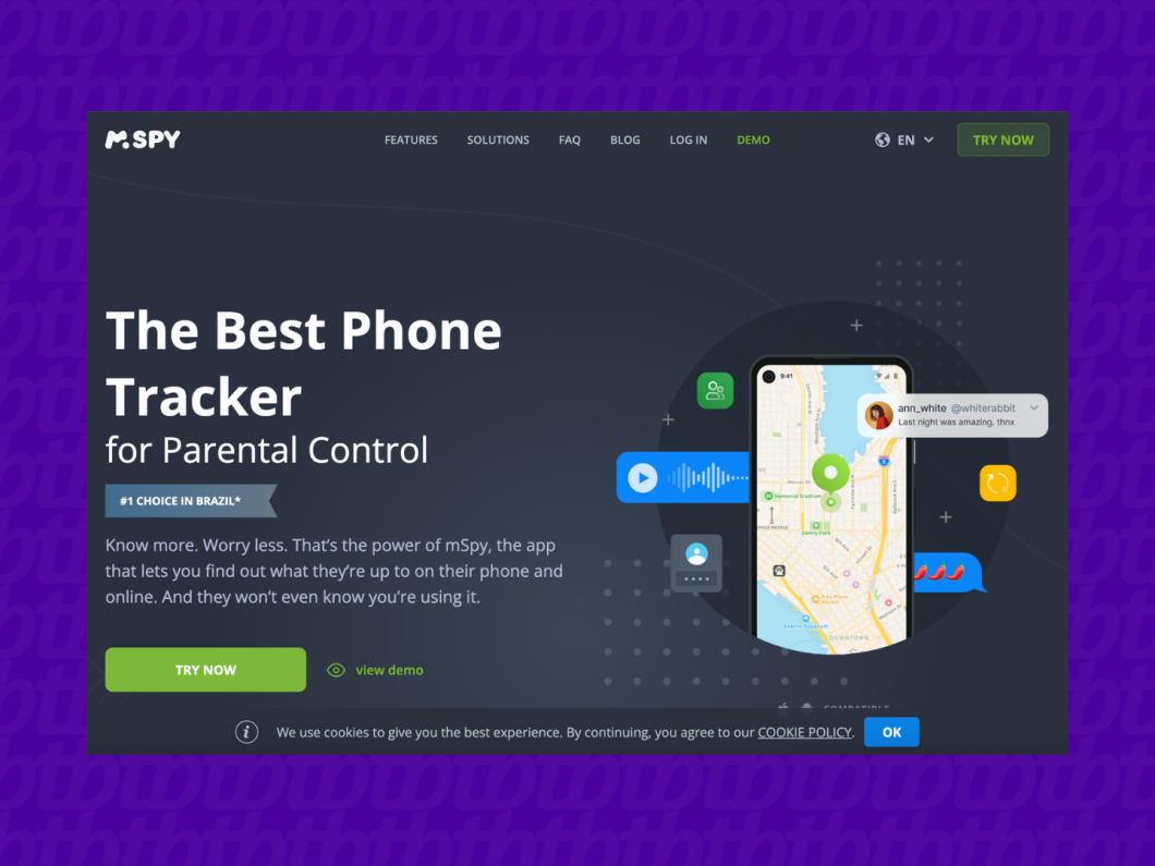 Captura de tela mostra site do MSpy, exemplo de app que rastreia atividades do celular, incluindo conversas do WhatsApp 